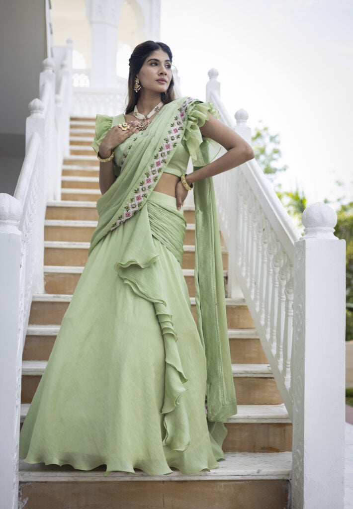 green drape saree